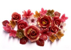 Photo1: Clay Art Bead set "gem color flowers" Garnet color