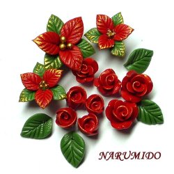 Photo1: Clay Art Bead set "Poinsettia and rose"normal color