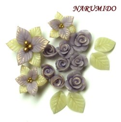 Photo1: Clay Art Bead set "Poinsettia and rose"blue color