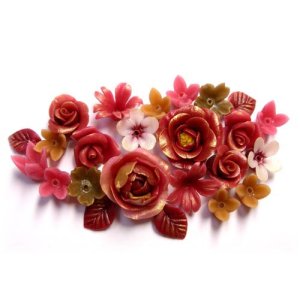 Photo: Clay Art Bead set "gem color flowers" Garnet color