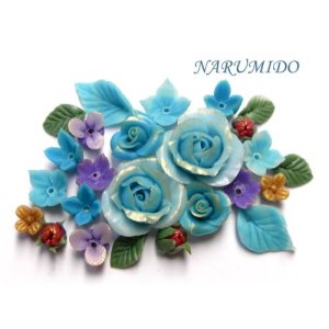 Photo: Clay Art Bead set "gem color flowers" Turqupise color
