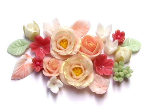 Photo1: Clay Art Bead set "gem color flowers" Coral color