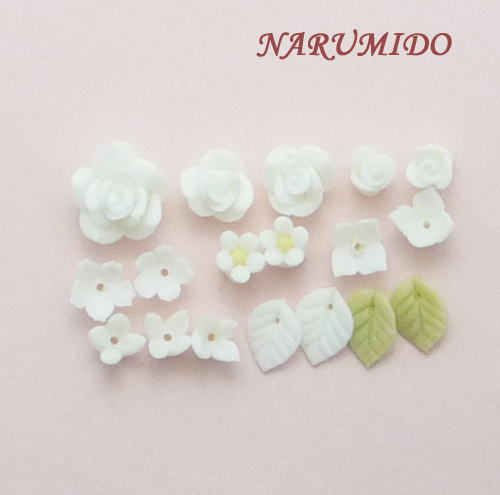 Photo1: Clay Art Bead set "rose&small flower" white