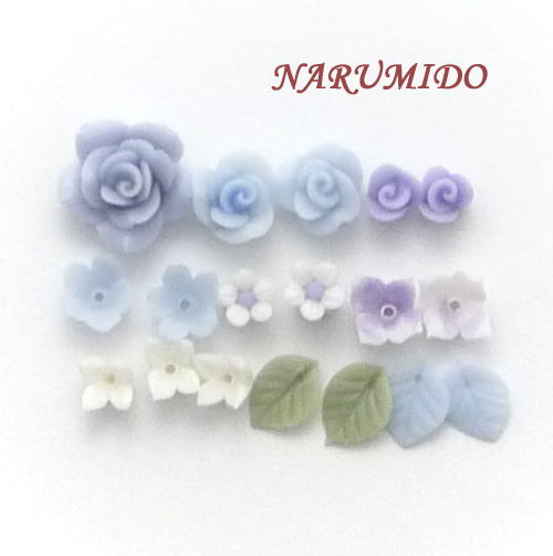 Photo1: Clay Art Bead set "rose&small flower" blue