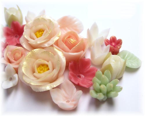 Photo: Clay Art Bead set "gem color flowers" Coral color