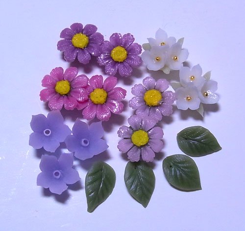 Photo1: Clay Art Bead set "three kinds of cosmos and bellflower"