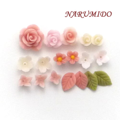 Photo1: Clay Art Bead set "rose&small flower" pink