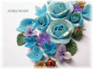 Photo3: Clay Art Bead set "gem color flowers" Turqupise color